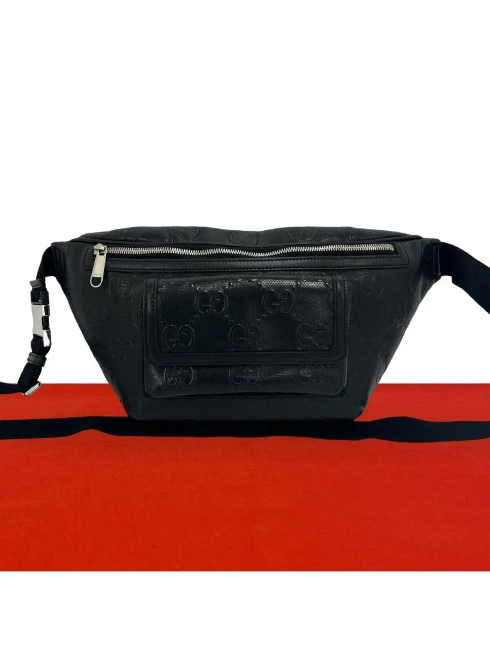 Gucci GG Pattern Embossed Perforated Leather Belt Bag Waist Pouch Black